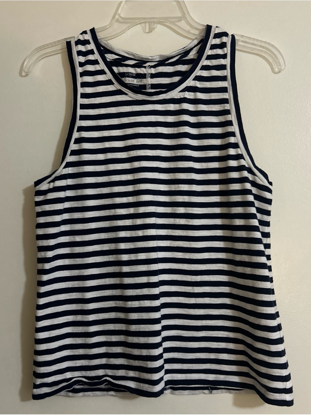 J.Crew Girlfriend Tank Top Womens small navy blue White Striped Crew Neck cotton